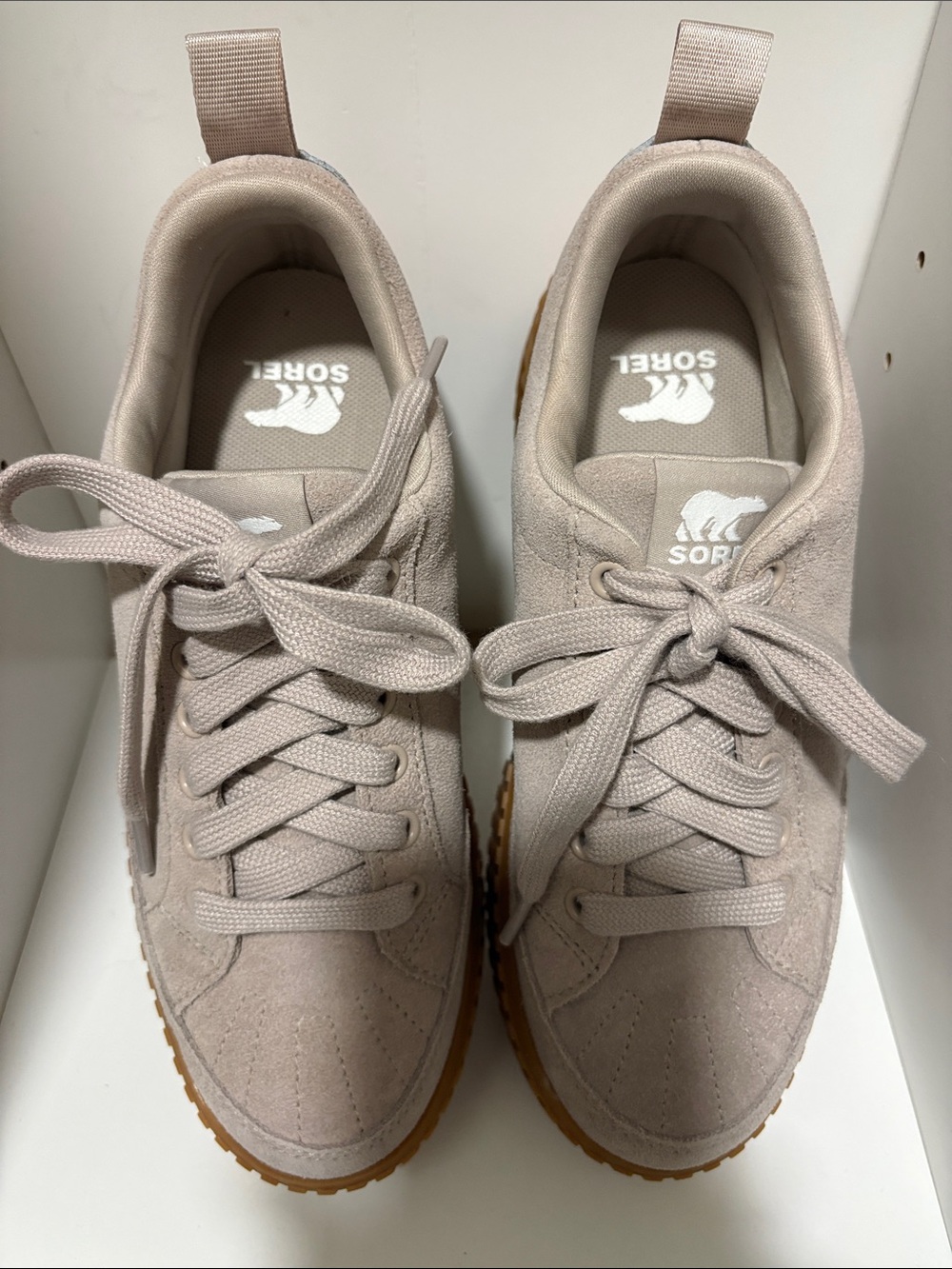 Sorel Taupe Suede Lace-Up Sneakers with Gum Sole